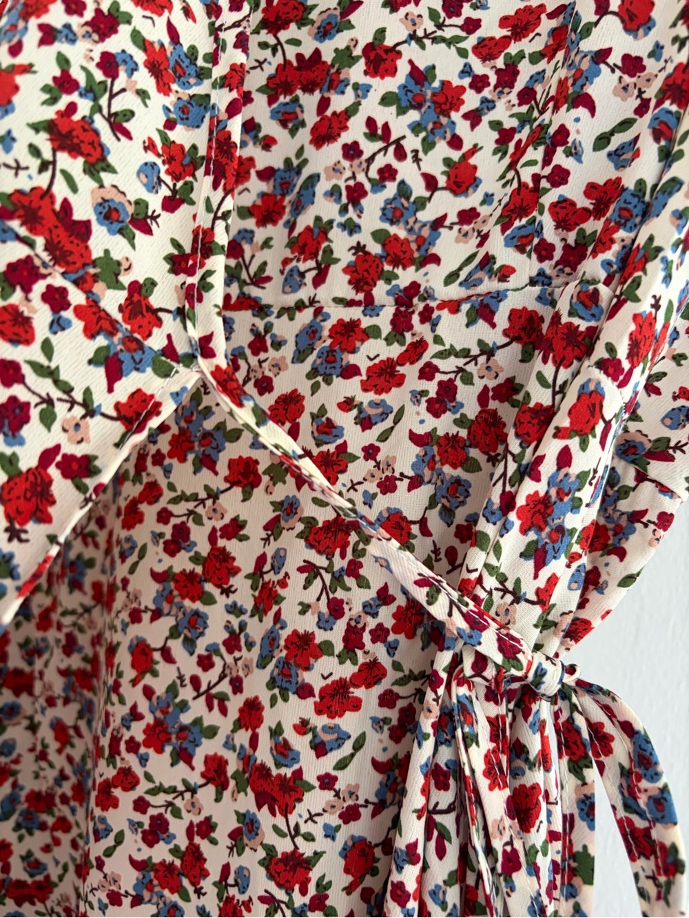 Floral Wrap Maxi Dress Slit - Cream/Red/Blue/ touch of light pink and green - Picture 5 of 9